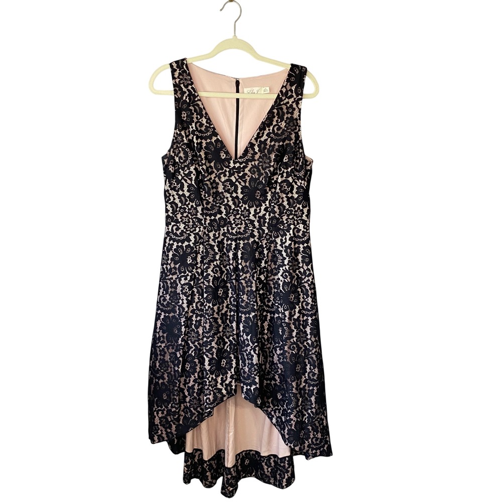 Eliza J Black Floral Lace‎ High-Low V-Neck Cocktail Dress Blush Lining 14P
